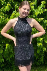Black Homecoming Dress Halter Sequin Tight Prom Dress